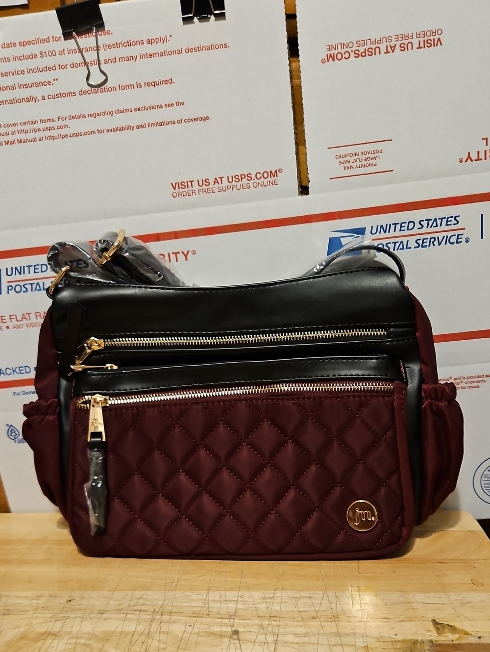 NWT Jessica Moore Quilted Laptop Shoulder Tote Bag Black/Berry Color